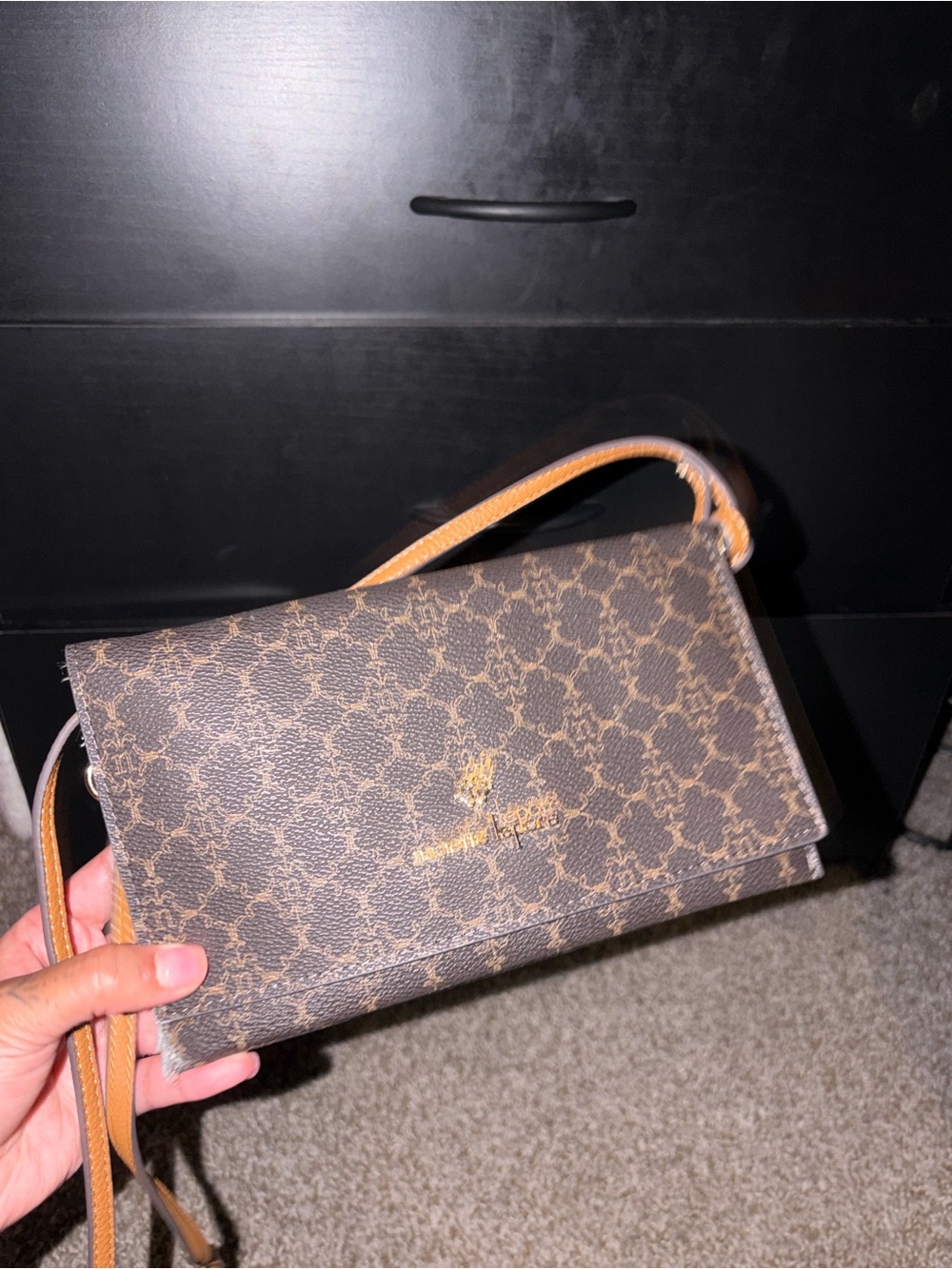 Nanette Lepore Brown Patterned Crossbody Wallet with Tan Strap